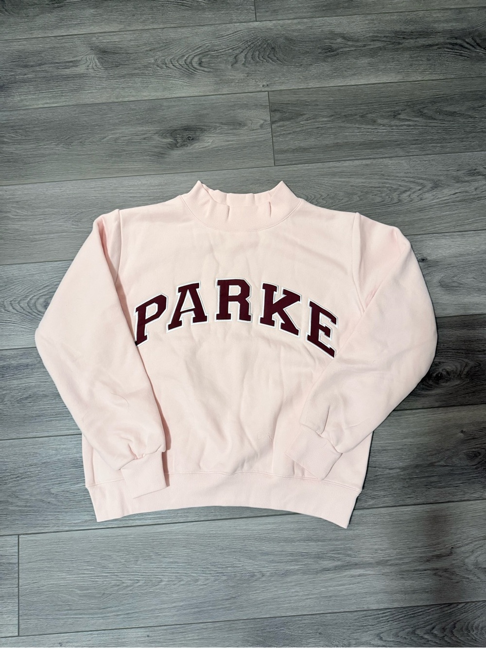 Parke Light Pink Crewneck Sweatshirt with Maroon Lettering